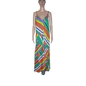 NWT Lola Casademunt Womens Colorful Vacation Striped Print Slip On Maxi Dress L